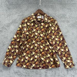 Le Moda Button Shirt Fall Leaves Autumn Brown Orange 100% Cotton Women Sz XL